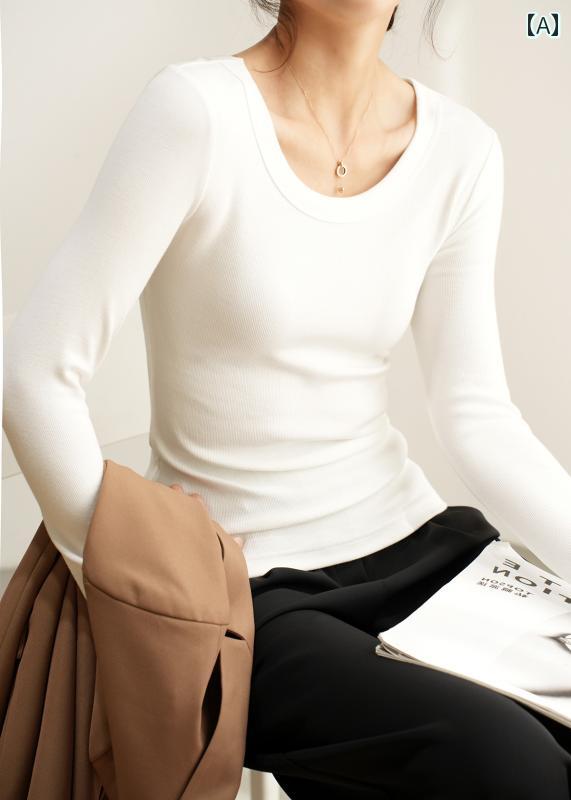 レディース トップス カジュアル おしゃれ エレガント 無地 シャツ 春秋 綿 シンプル インナーウェア 右 肩 ウエスト スリム 長袖 Tシャツ