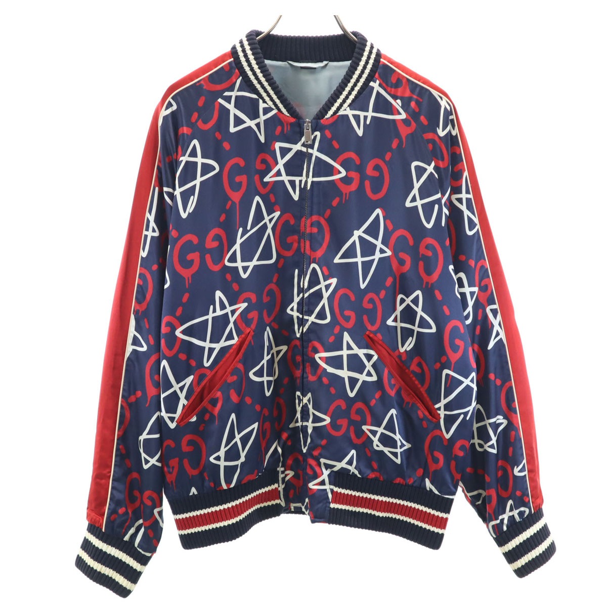 16AW イタリア製 レーヨンブレンド ゴースト総柄 ボンバー ジャケット 50 ネイビー メンズ 古着