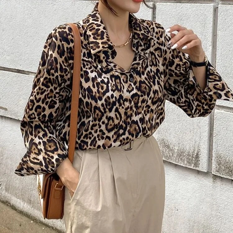 女性用ヒョウ柄シルクシフォントップ,長袖ブラウス,ミディアムレングス,秋,新しいスタイル,2021 - 200000345 5,363円