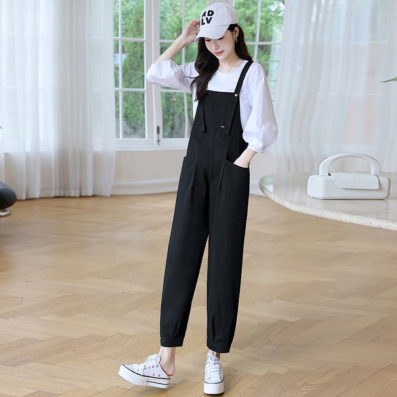 2点セット ブラウス 7分袖 ボリューム袖 ラウンドネック プルオーバー サロペット オーバーオール アンクル丈 ポケット かわいい 大人可愛い きれいめ シンプル カジュアル 大人 上品 おしゃれ