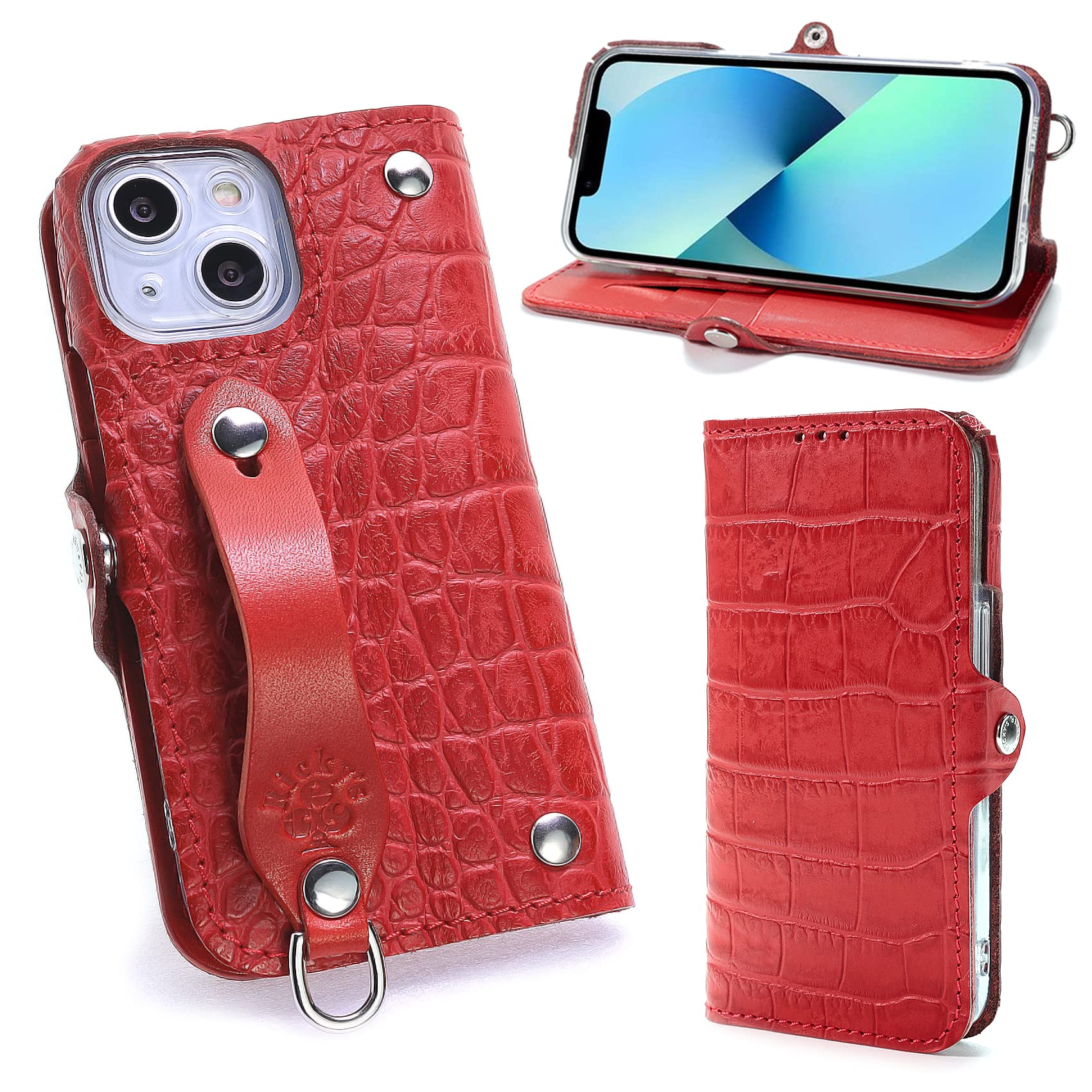 【売り切り】 EFGS iPhone13miniと互換性のある 手帳型 ケース エンボスクロコ レッド MSポケット 【左開き】 TPU 栃木レザー 革 本革 日本製 リッキーズ