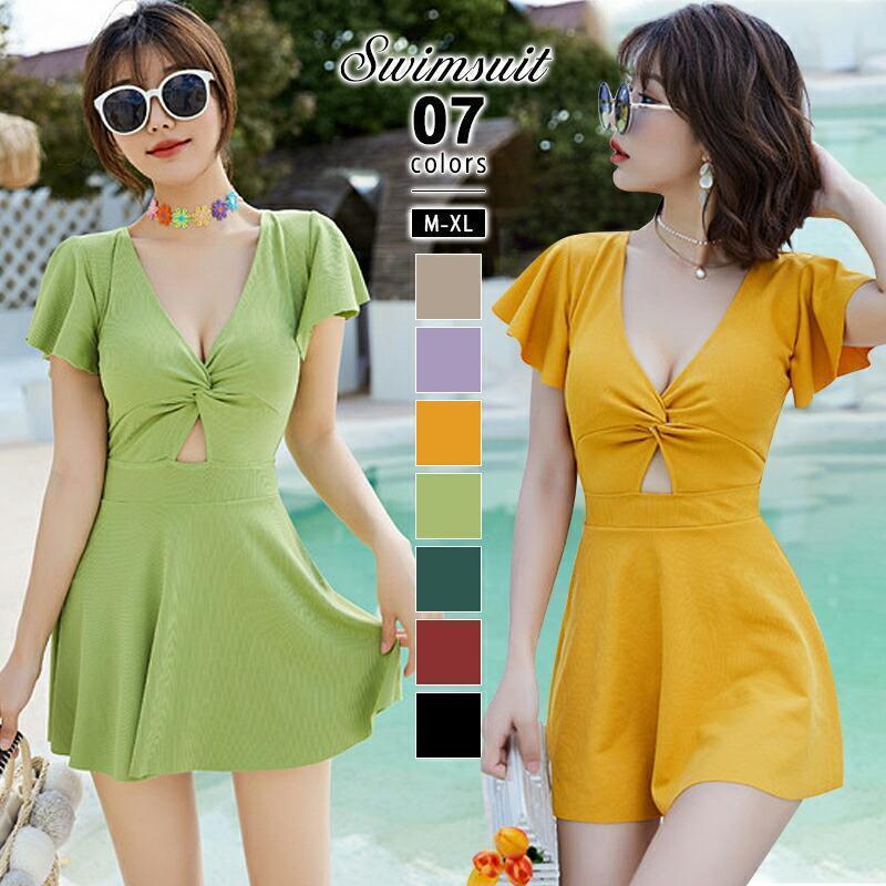 出荷が早い-水着 ワンピース ハイウエスト レディース ショートパンツ フリル 胸元 スカート 体型カバー 半袖 スイムウエア 海 プール ビーチ リゾート
