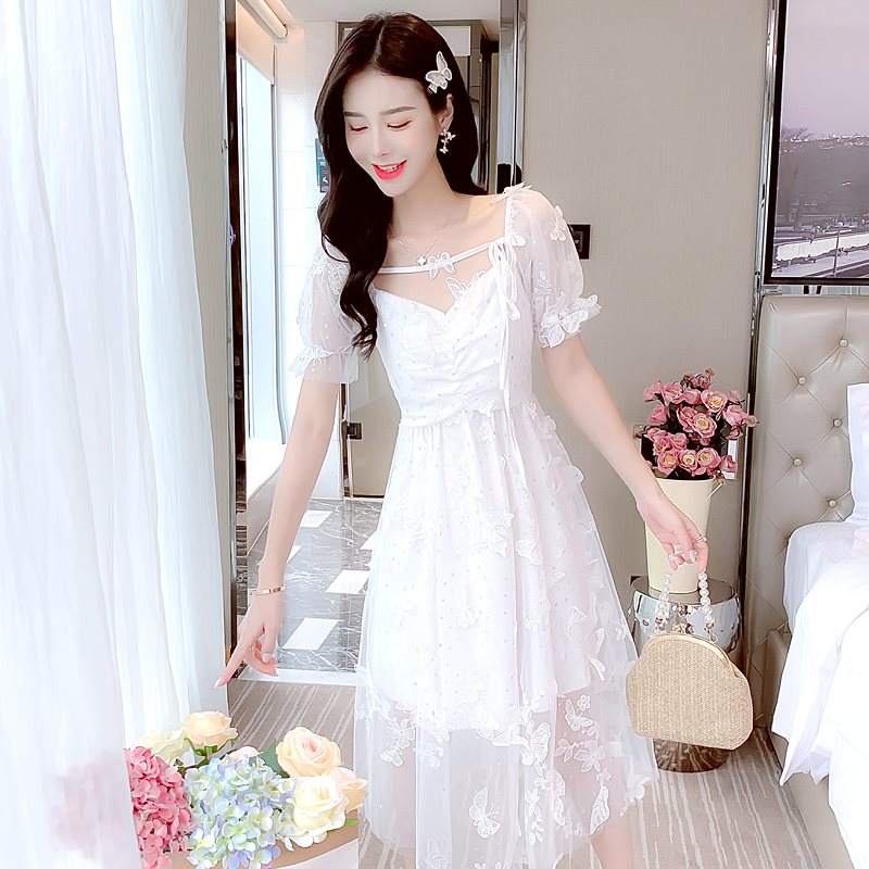 DVF蝶ロングショットレース ワンピース 5分袖 ワンピース 結婚式 ワンピース 大人 上品 ワンピース ロング ワンピース ミディアムワンピース 白ワンピース 白 ワンピ ワンピース ミニ