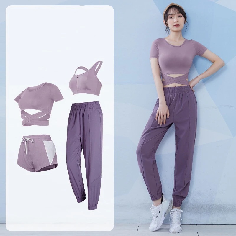 緊急SALE!2枚購入で2OO円OFF![急速出荷]フィットネススーツト 4点セットヨガウェア女性用おしゃれヨガウェア夏ファッションテンパリングスポーツウェアハイエンドタイトフィッティングスウェットプ