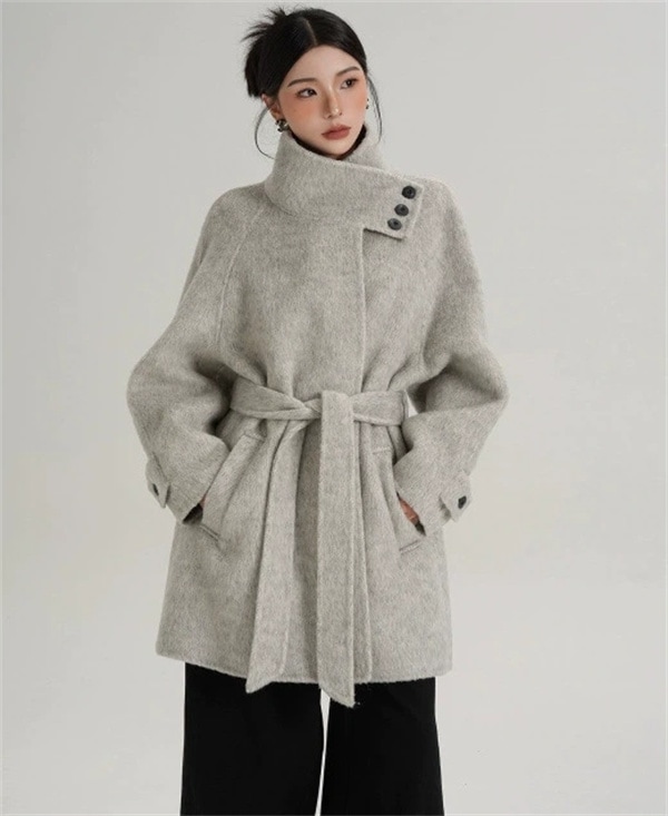 レディースコート 両面キャメルコート 秋冬新作 スタンドカラー＆ベルト付き ゆったりウールコート