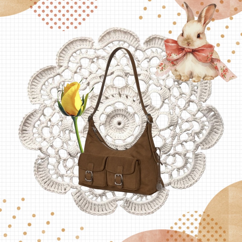 スエードポケットバッグ 【ブラウン】 ツーポケット ミニ ショルダー ストラップ 韓国ファッション ブランド 正規品