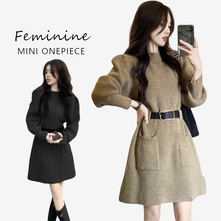 【新作】リブ ニット ワンピース Ａライン ミニ丈　ワンピ　フェミニン　冬　春　韓国　Uネック 50代 30代 40代 新作　膝丈 通学 通勤　ワンピース レディース　上品　2023春ワンピ