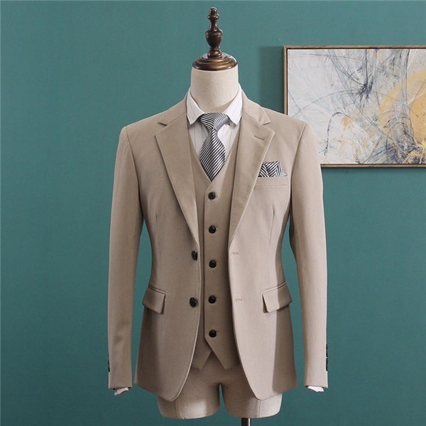 メンズスーツ ビジネス スリムスーツ おしゃれ フォーマル パーティ 結婚式 卒業式 入社式 3点セット スタイル ベスト付き 男性 【M/L/XL/2XL/3XL】 ベージュ グレー ブラック dg
