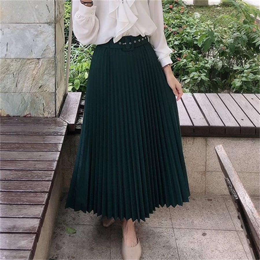 スカート 2色 ロングスカート ロング ロング丈 ミモレ丈 フレア Aライン プリーツ シンプル ハイウエスト ベルト かわいい 大人可愛い きれいめ カジュアル 大人 上品 おしゃれ