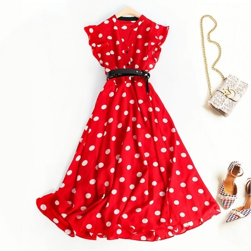 ワンピース リラックス 大人かわいい 水玉 キュート フレアスリーブ フェミニン レッド レトロ ブラック 魅力的 シンプル ロング丈 可愛い ドット柄 母親 ホワイト ナチュラル フレアワンピ