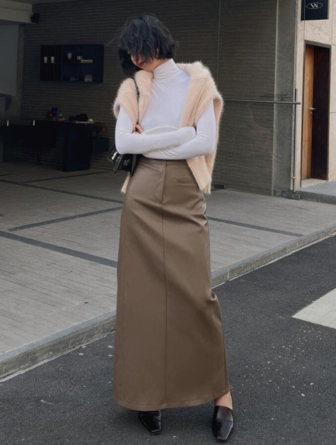 レザースカート レディース ロングスカート タイト 秋 冬 PU ミモレ丈 Aライン ハイウエスト おしゃれ フェイクレザー 革スカート 着痩せ　オフィス カジュアル 通勤 秋冬