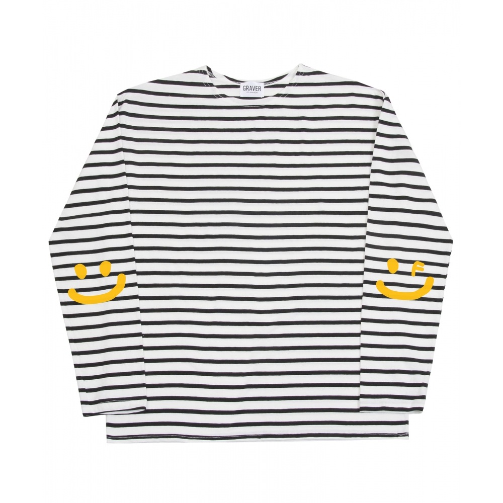 GRAVER [UNISEX]エルボスマイル描画ストライプロングスリーブ_ブラック 4,500円