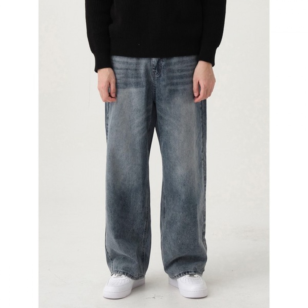 [JINMANIA] グレーウォッシュユニセックスバルーンフィットワイドデニムパンツ