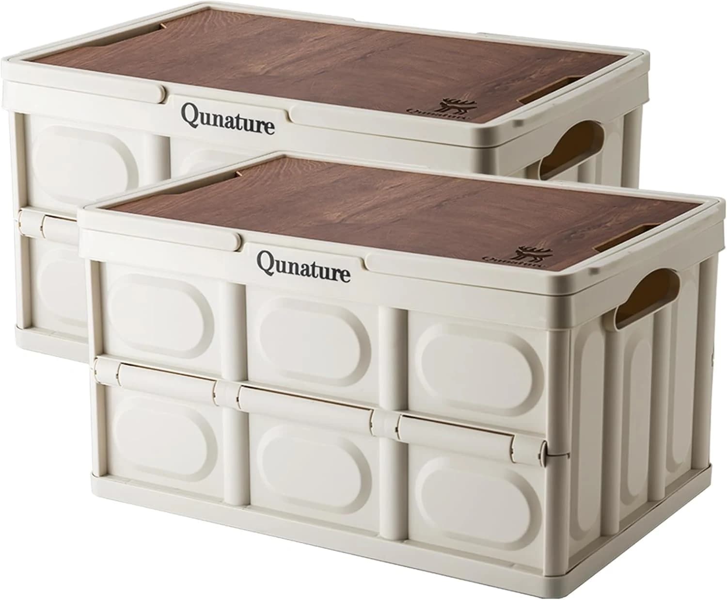 Qunature 折り畳みコンテナ 55L 大容量 持ち手付き キャンプ カゴ 木製の蓋付き 折り畳み 収納ボックス 耐荷重 積み重ね 組立簡単 アウトドア キャンピング BBQ 買い物かご 自宅 お
