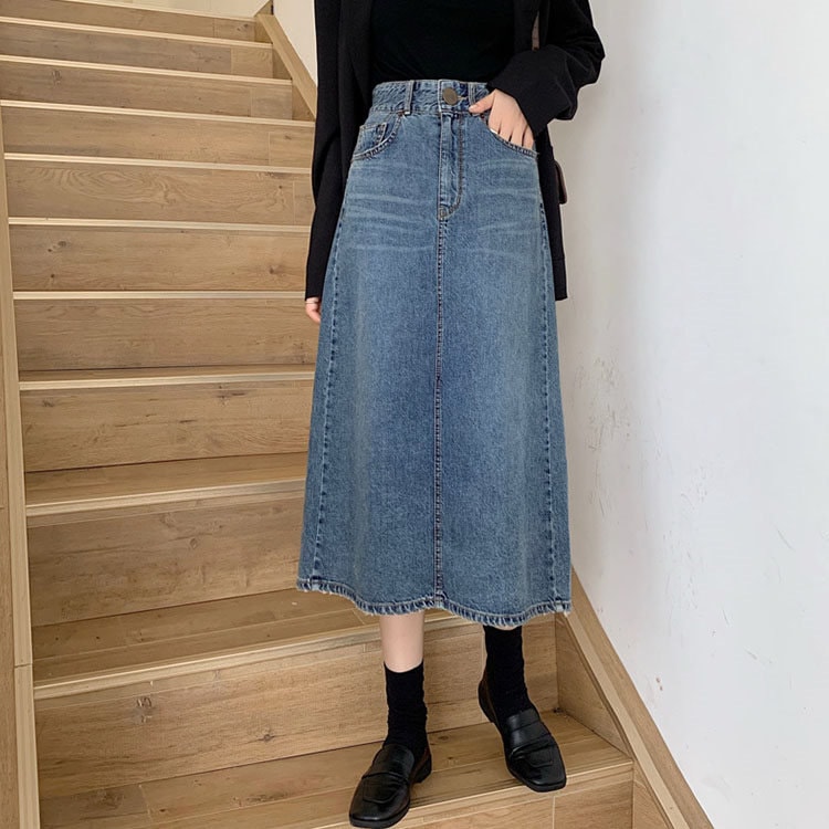 スカート Aライン 春秋 デニム レディース ミモレ丈 体型カバー パーティー ファッション 同窓会 上品 きれいめ お出かけ ハイウェスト ベーシック 普段着 カジュアル BQ-068 海外通販