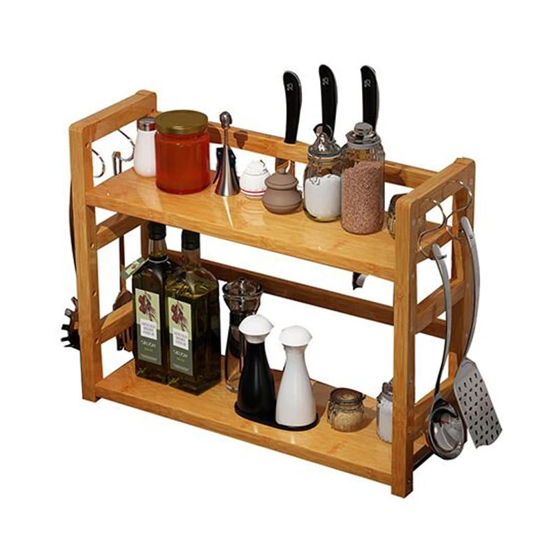 納期21日フック付き木製調味料ボトル収納ラックスパイスオーガナイザー2層キッチン棚バスルームカウンタートップ