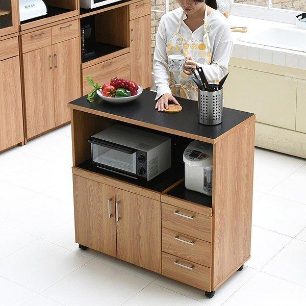 キッチンカウンター 幅90cm キッチンワゴン キャスター付き おしゃれ 北欧 仕切り コンパクト 北欧 レンジ台 食器棚 スライドレール 家電 炊飯器 コンセント付き