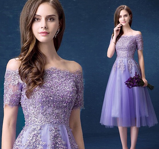 韓国ファッション 二次会 結婚式 パーティードレス ライラックパープルの短い花嫁ウエディングドレス ウエディングドレス シンプルワンワードショルダー花嫁ウエディングドレス演奏会 8,677円