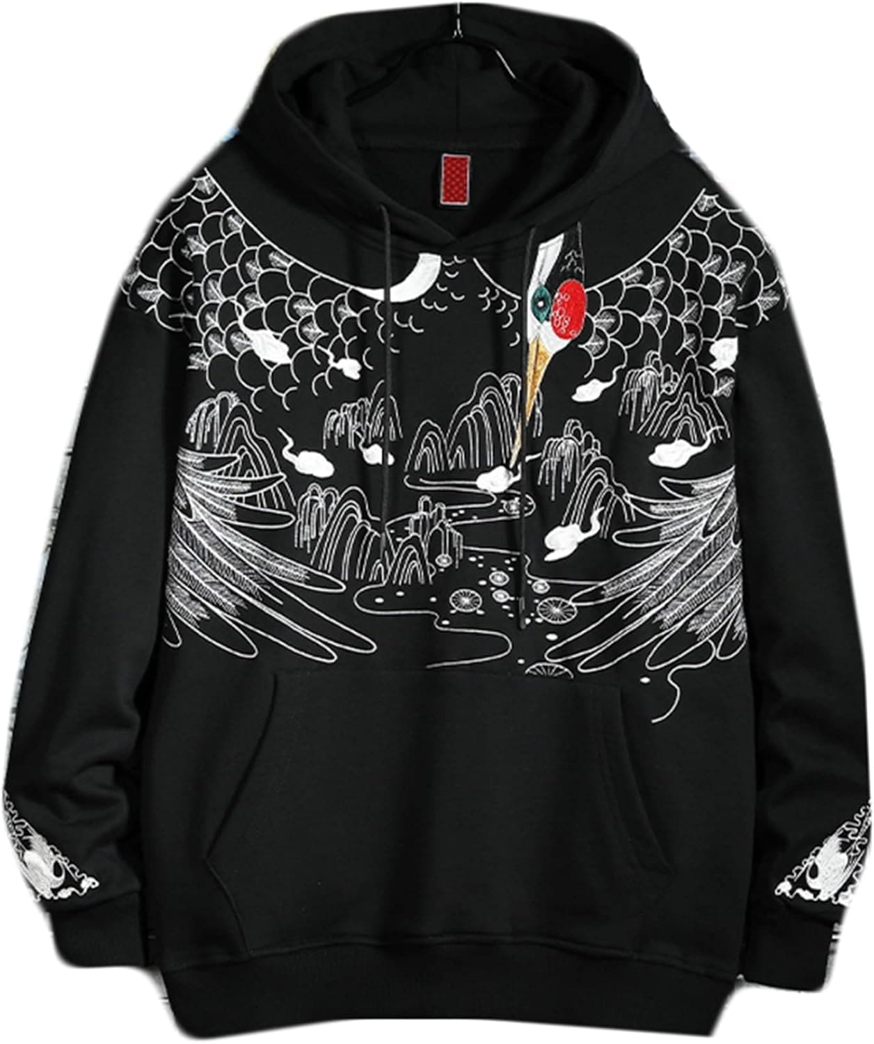 男性 レディース 長袖 パーカー アウター 春物 刺繍 鶴柄 フード付き チャイナ風 柔らかい オーバーサイズ 伸縮性 保温 吸汗性 プルオーバー 丈長め カジュアル ハンサム オシャレ トップス 体