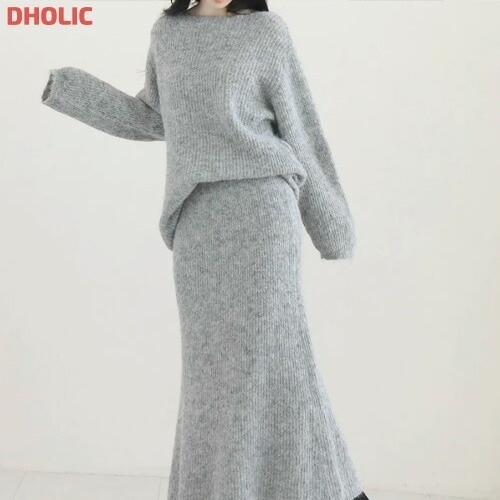 [メガ割りSALE]ソフトタッチボートネックニット&フレアニットスカートSET