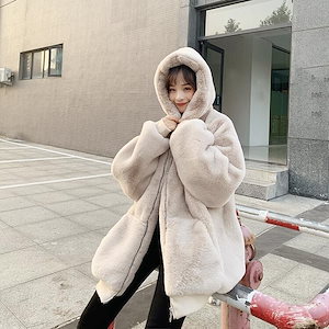 韓国ファッション秋冬用ウール保温コートレディースロングジッパーウサギ毛を模したフードコートでゆったり