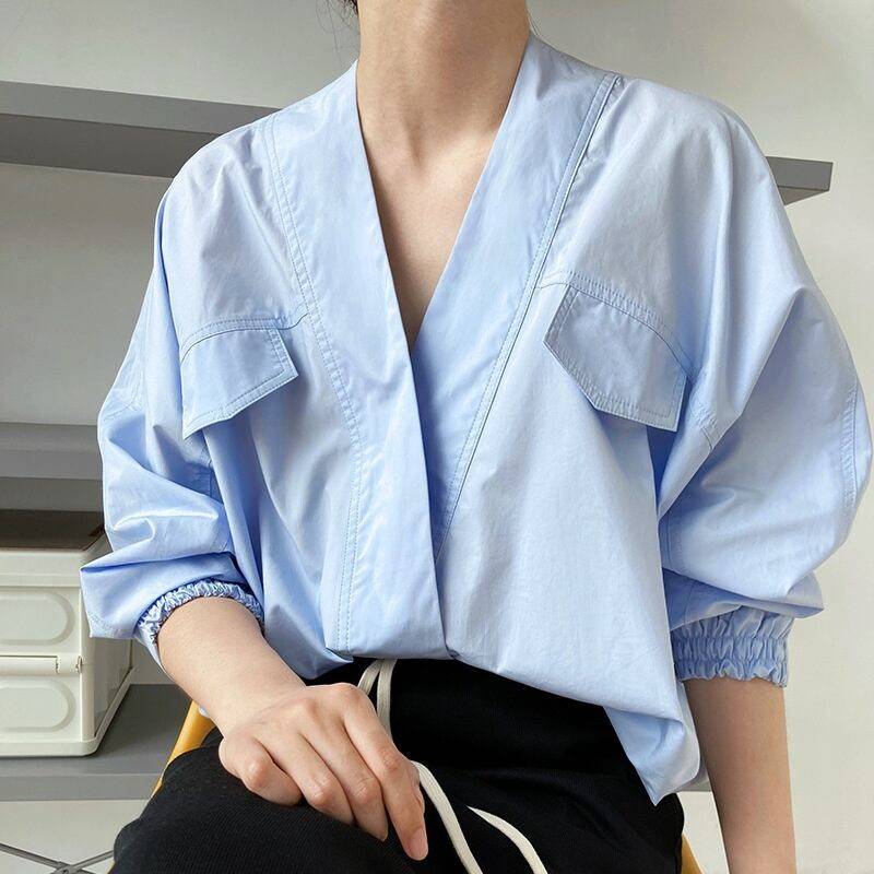 3color レディース トップス シャツブラウス シャツ ブラウス デザインブラウス フェイクポケット 着物風 コットン 無地 袖あり 長袖