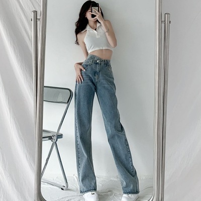 ボトムス パンツ レディース 韓国 着やせ 個性的 ハイウエスト デニム シンプル カジュアル こなれ感 ラフ 抜け感 無地 春 夏 学生 デート 旅行 海 プール ビーチ 脚長 着回し