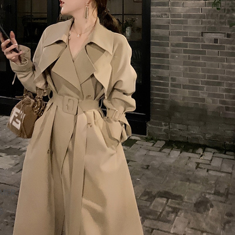 2025年春と秋の女性のための今年人気のミドル丈の膝丈英国風ウインドブレーカーコート小柄な人向けのドレープコート