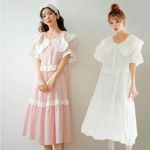 3色！ネグリジェ レディース 春 夏 ロング ネグリジェ 姫 半袖 綿 無地 レース ガウン ナイト