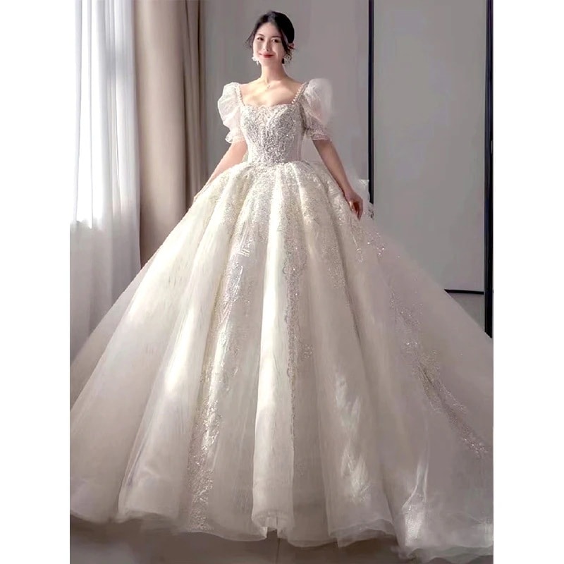 ライトウェディングドレス 2025 花嫁 お出かけ メインヤーン 妊婦 重工業 ワンショルダー ラージテール 秋冬