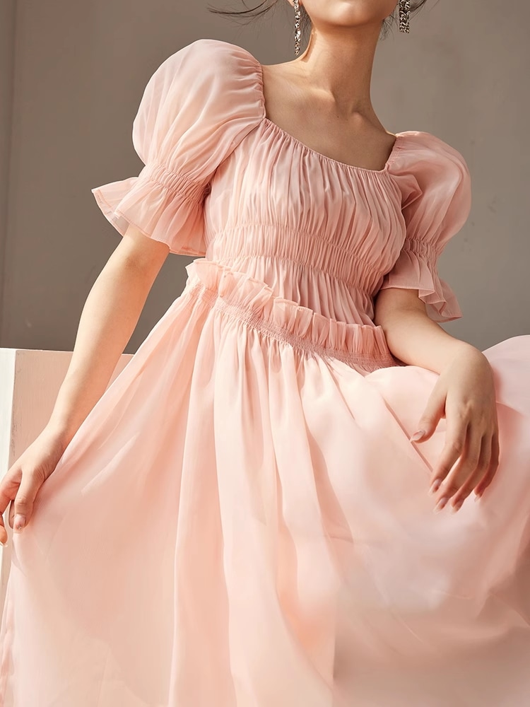 花柄 スカート ピンク ドレス 女性 夏 フレンチ スクエアカラー ドレス プリーツ スカート 個性的 ワンピース 膝丈 ひざ丈 膝下 袖あり 半袖 スクエアネック 襟なし 大人可愛い 大人 上品