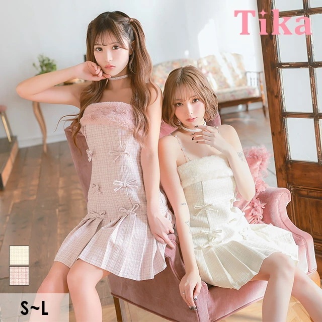 【即日発送】キャバ ドレス チョーカーリボン付き プリーツ キャミソール ワンピース S～Lサイズ 大きいサイズ セクシー キャバドレス キャバ嬢 キャバクラ ラウンジ クラブ ノースリーブ ツイード