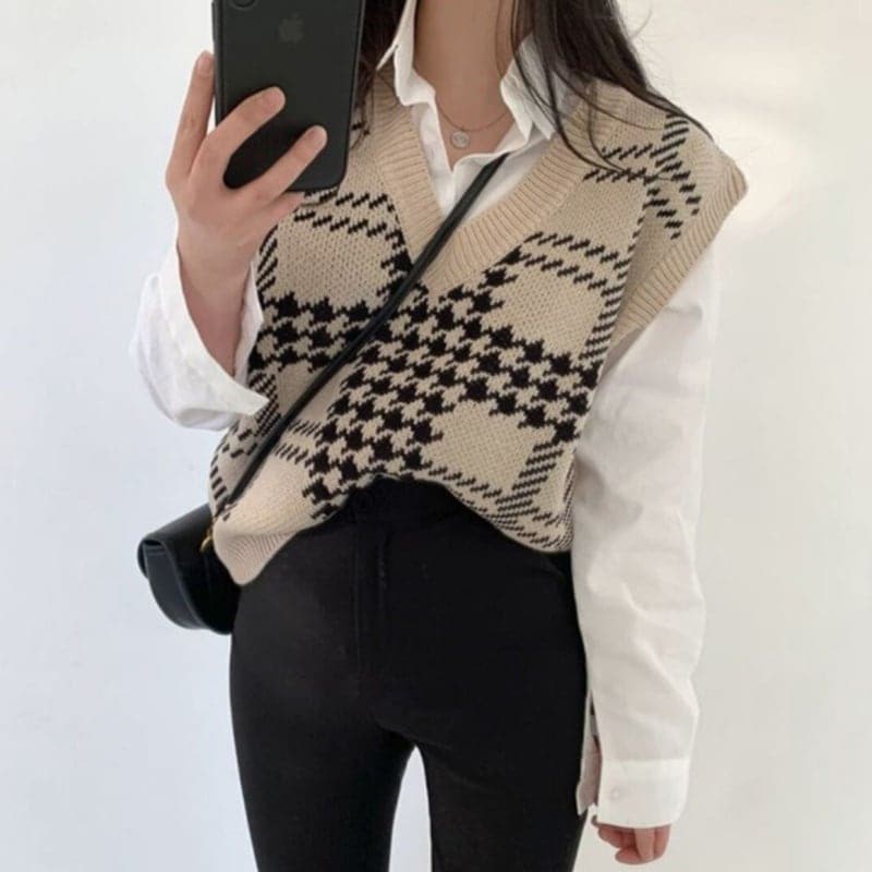 ２color ベスト ニットベスト Vネック 千鳥格子 ニット レイヤード シック