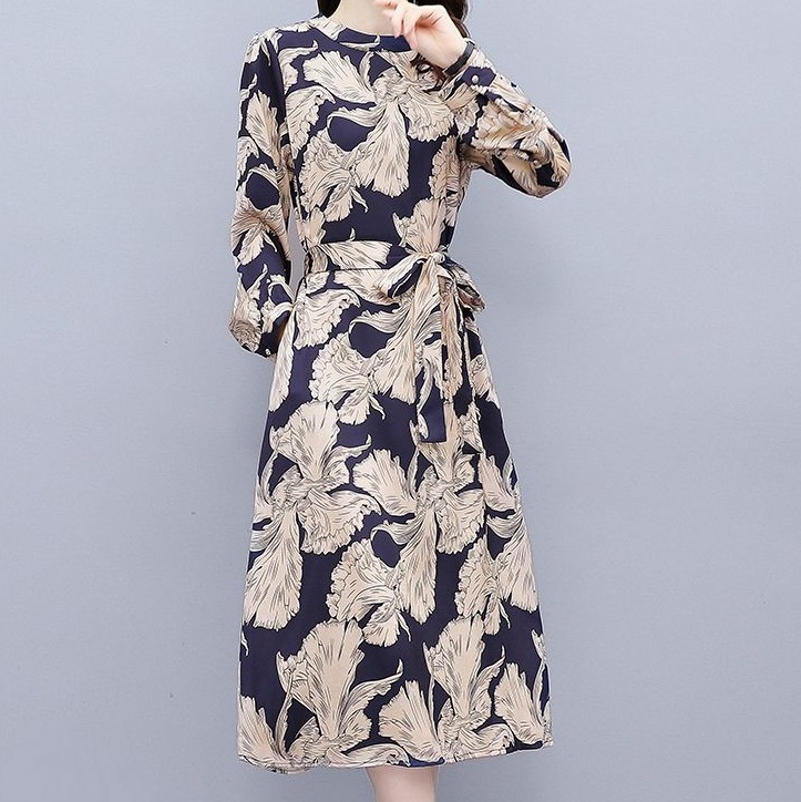 アートデザインワンピース ウエストリボンワンピ 長袖ワンピース エレガントカジュアル スカート ワンピース プルオーバー オールインワン ロングスカート フレアスカート ロング ロング丈 7分丈