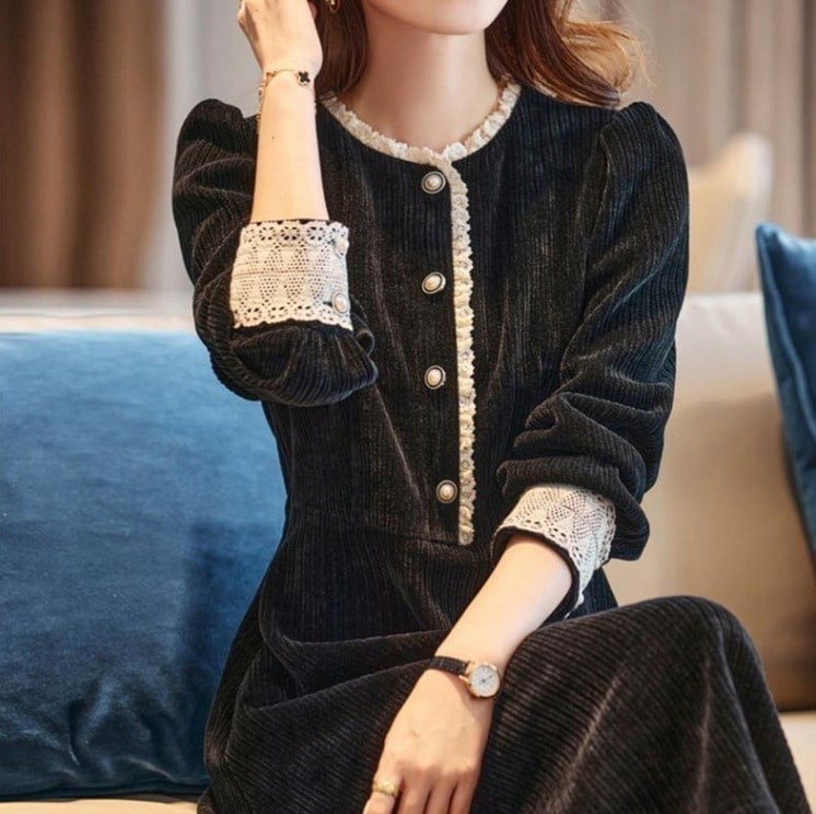 フリルワンピース クラシカルデザイン ボタン付きワンピース レトロワンピース スカート ワンピース シャツ ブラウス オールインワン ロングスカート フレアスカート 膝下 ロング ロング丈 7分丈