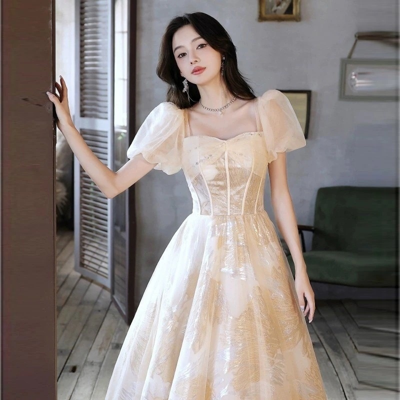 【急速出荷!】女性ためイブニングドレス2025夏ファッションスーパーライトガーゼシャンパンカラーガーゼスカートボーカルミュージックアートテストパフォーマンススカート