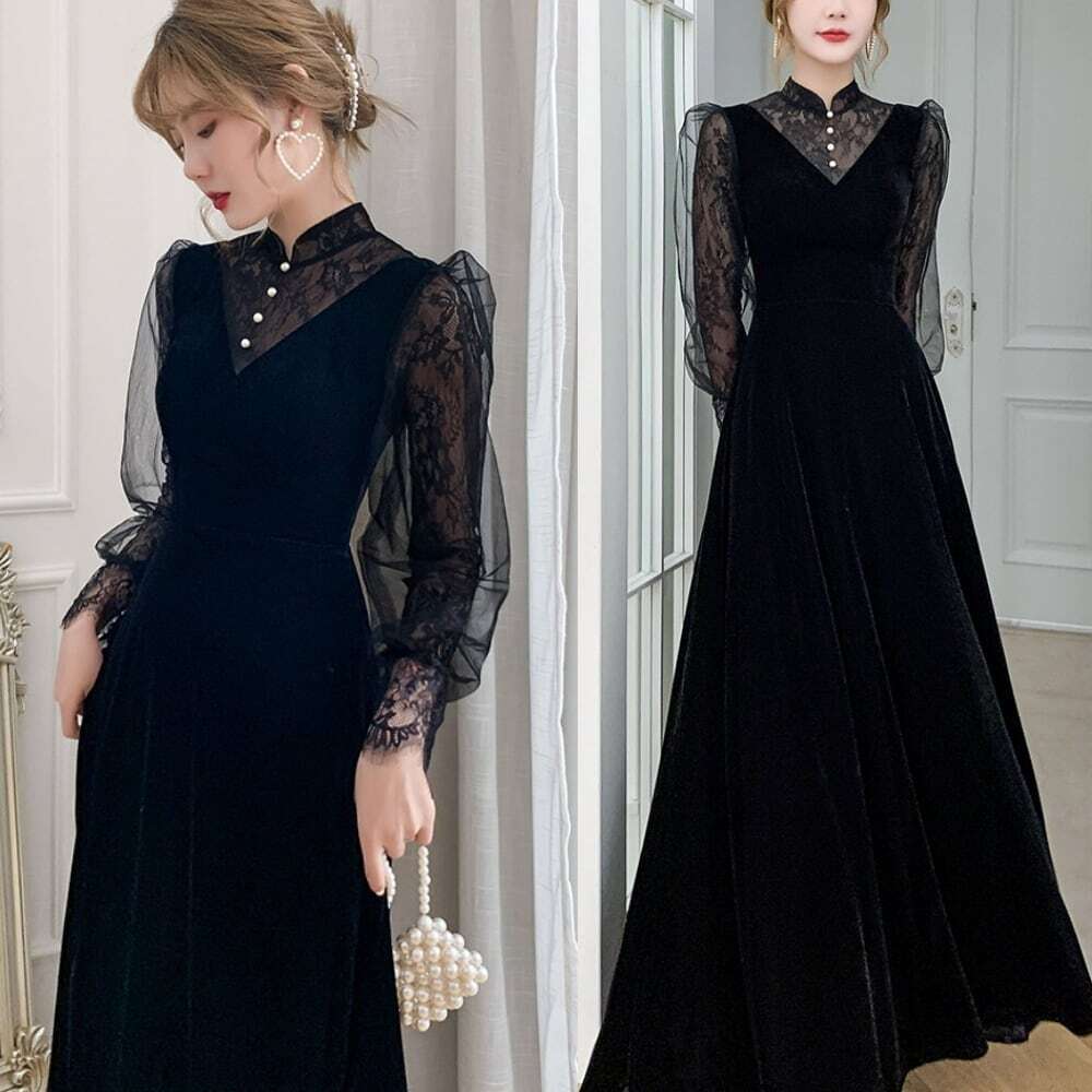 ドレス パーティードレス お呼ばれドレス フォーマルドレス ブラウス風 花柄 スタンドカラー シャーリング キャンディースリーブ パール 透け感 ベロア ベルベット 大きいサイズ