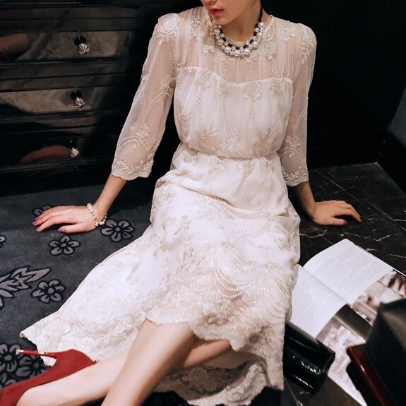 ワンピース タイトワンピース ワンピドレス 膝丈 シフォン ミモレ丈 7分袖 七分袖 タイト ウエストマーク スリット 透け感 レース 大人可愛い 大人っぽい 大人女子 フェミニン エレガント 上品