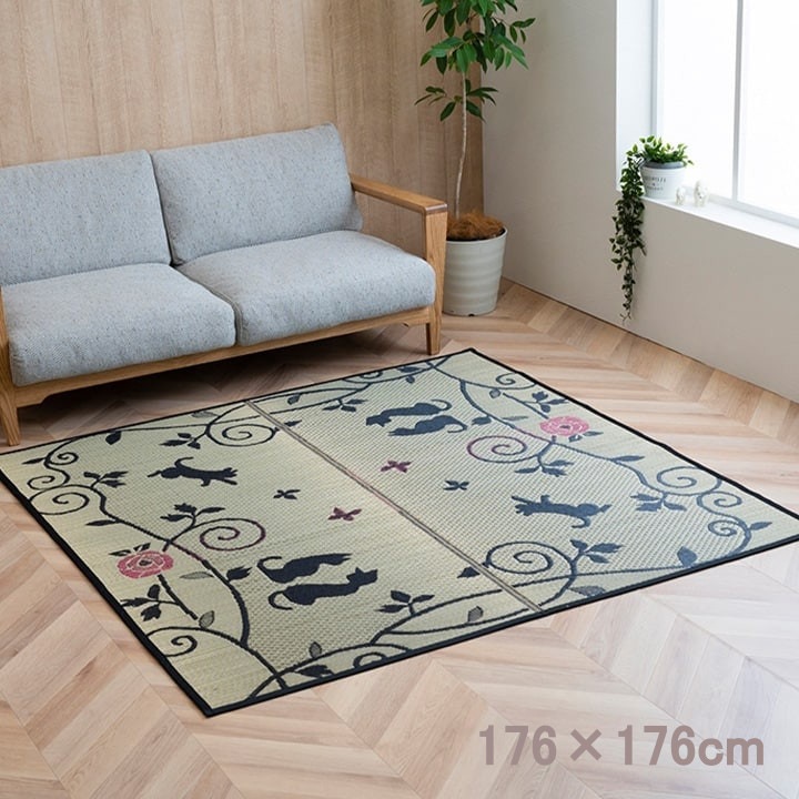 ねこ柄 ラグ い草 176x176cm カーペット 和室 クロネコ 消臭
