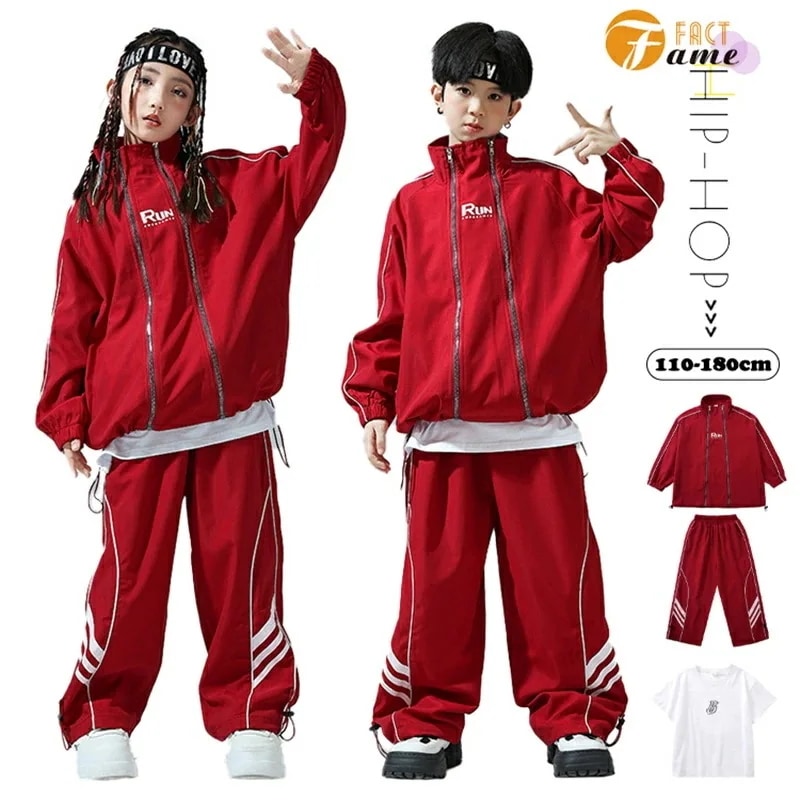 【急速出荷!】赤 セットアップ キッズ ダンス衣装 ヒップホップ 長袖 トップス 女の子 男の子 トレーナー ファスナー ック ウインドブレーカー ゴム裾 韓国 Y2K スポーツウエア ジャージセット