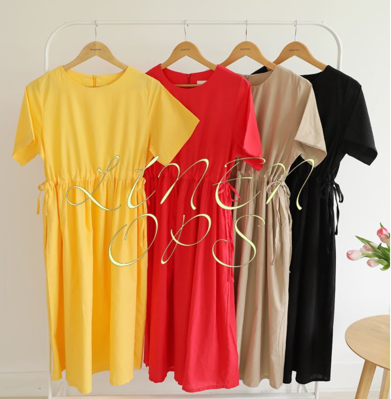 [韓国ファッション] シャーリングストリング ロングリネンワンピース （半袖）