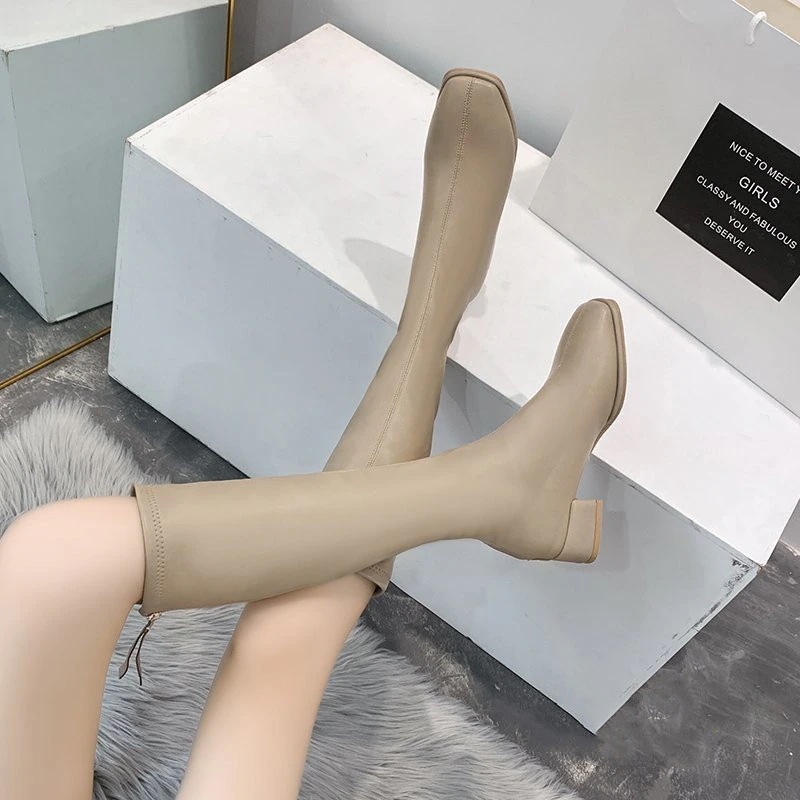 ロングブーツ レディース PU シューズ 太めヒールコンフォート 歩きやすい 暖かい 靴 スクエアー