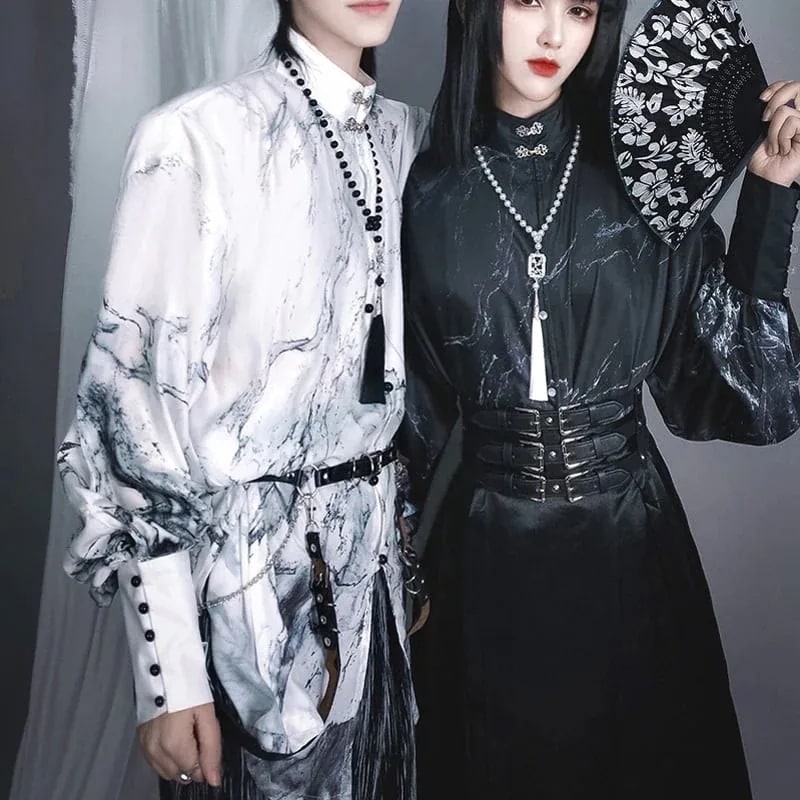 チャイナ風シャツ オリジナル スタンドカラー 改良漢服 黒白 モダン プリント 男女兼用 トップス1246