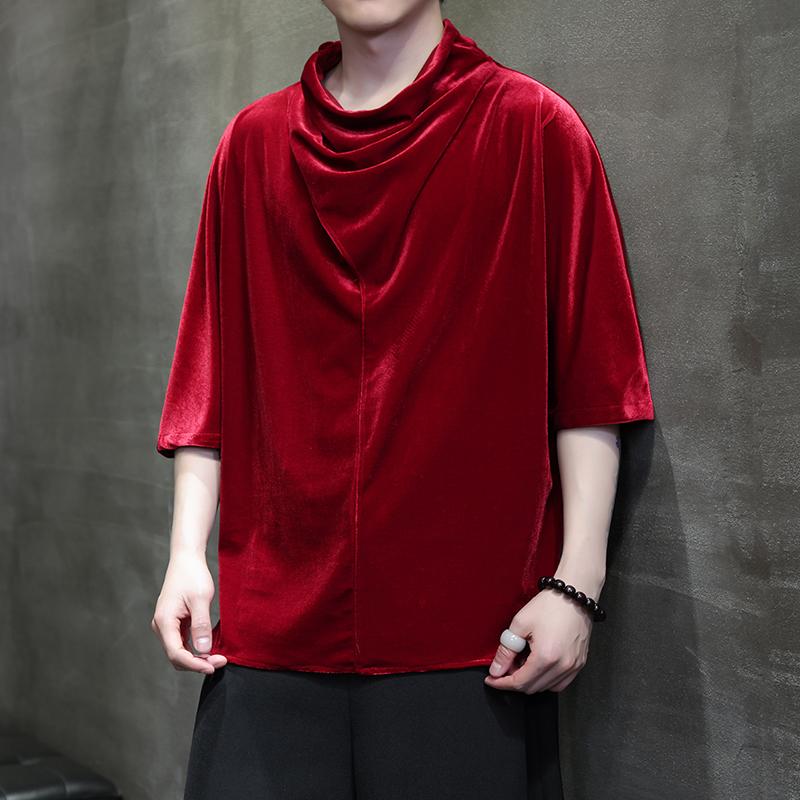 メンズ シャツ チャイナシャツ チャイナ風 ベルベット 七分袖 漢服 薄手 大きいサイズ 夏 唐服 軽量素材 涼感 柔らか 伝統 エキゾチック シンプル カンフー 休日 紳士服