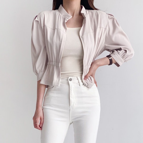 送料0円!韓国ファッション告白デー パフ バンディング クロップ ジップアップジャケット(outer1222)