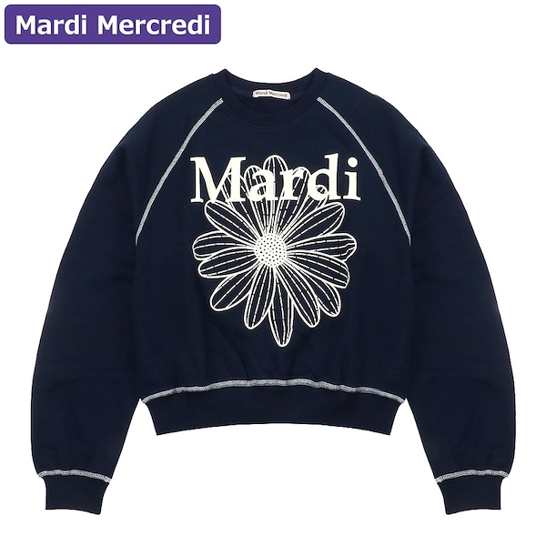 レビュー高評価商品 Mardi Mercredi 花柄トレーナー紺色×白pーM トップス