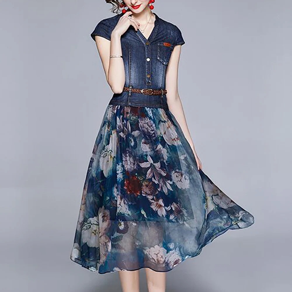 デニムドッキング花柄ワンピース ワンピース フレアワンピース 膝丈 ひざ丈 ミモレ ミモレ丈 ミディアム丈 袖あり 半袖 Vネック フレア Aライン ドッキング シフォン ベルト ウエストマーク