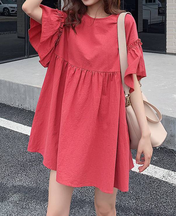ワンピース レディース ミニ チュニック 半袖 フレアスリーブ ラウンドネック 切り替え ゆったり 無地 赤 S M L XL マタニティ かわいい ガーリー キュート カジュアル お出かけ デート