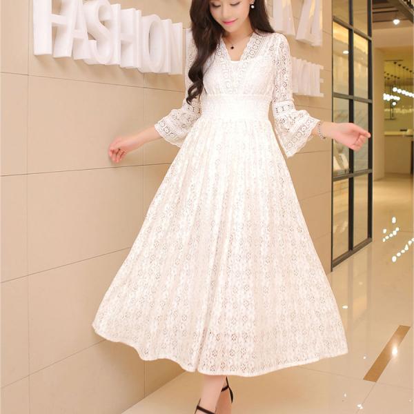 総レースワンピース Vネック ミキャミ付 2点セット 花柄 半袖 袖あり ウエスト切り替え ハイウエスト(メール便送料無料)