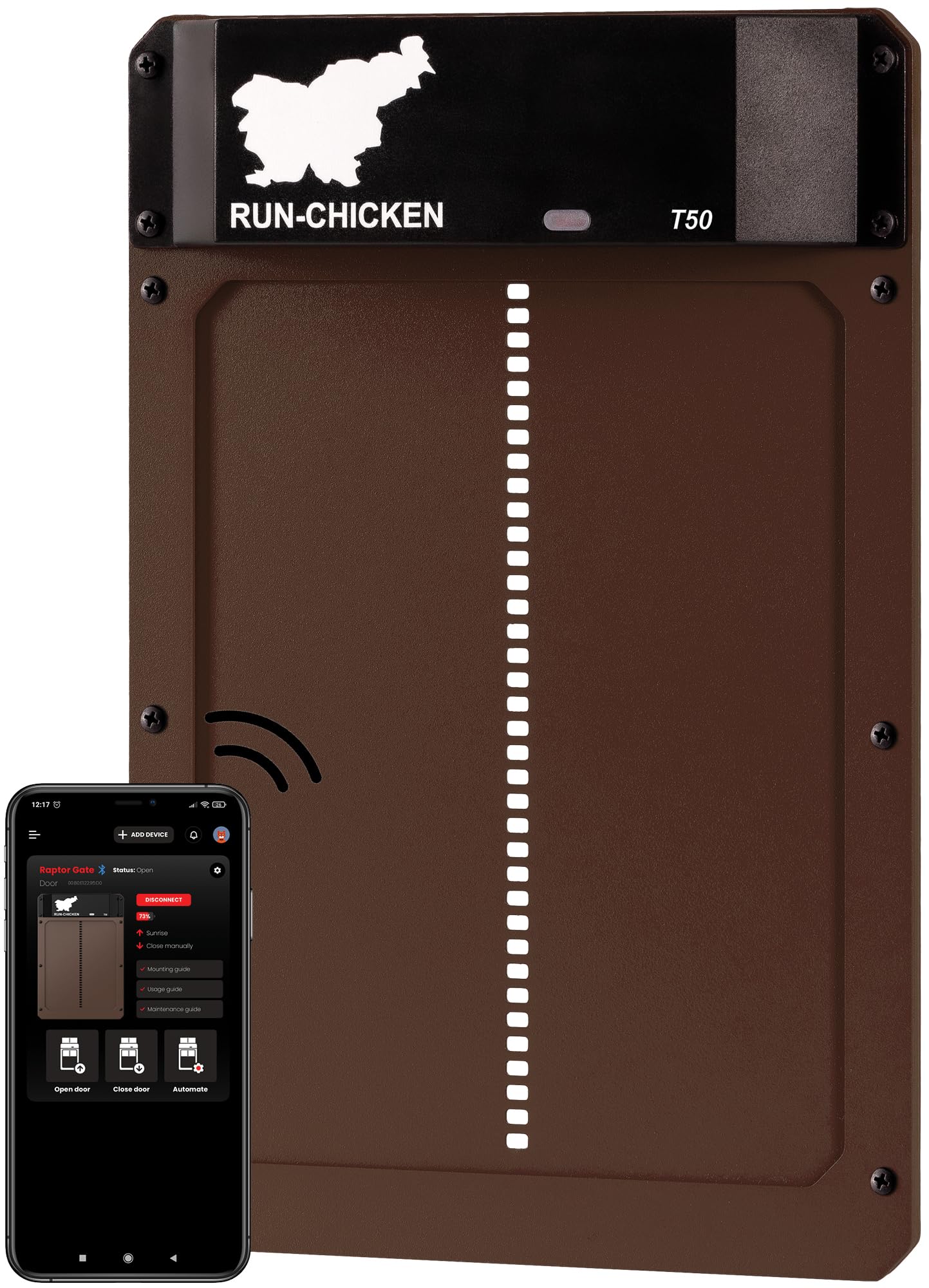 RUN-CHICKEN ドア （ブラウン）モデルT50 鶏小屋 自動ドア 光センサー アプリ対応 電池式 自動開閉 タイマー設定 防水 DIY